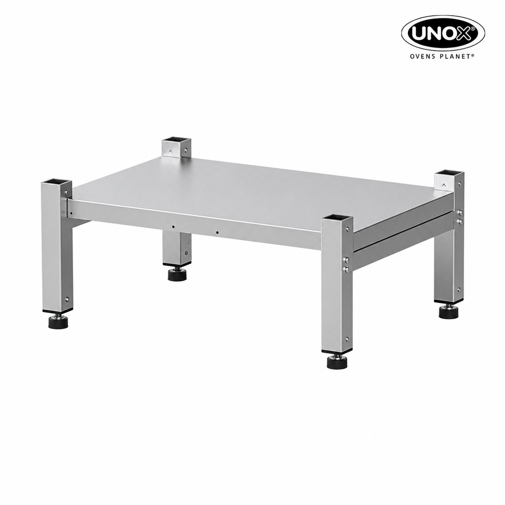 Unox Low stand for DOUBLE STACK solutions. It allows you to use SMART.Drain (bottom oven only) in a column of stacked ovens. XWVRC-0011-L-PO.