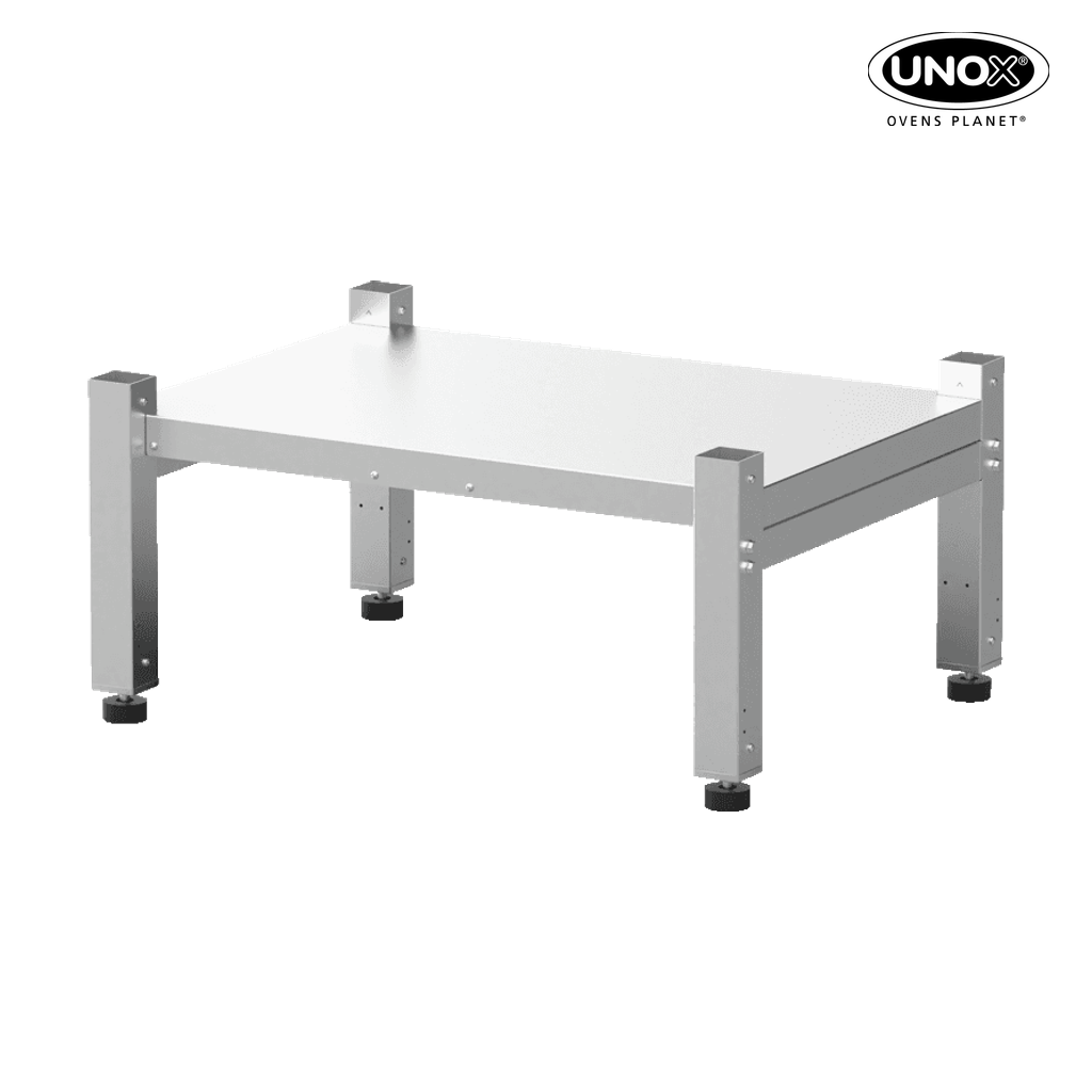 Unox Low stand for DOUBLE STACK solutions. It allows you to use SMART.Drain (bottom oven only) in a column of stacked ovens. XWVRCN-0011-L-PO.