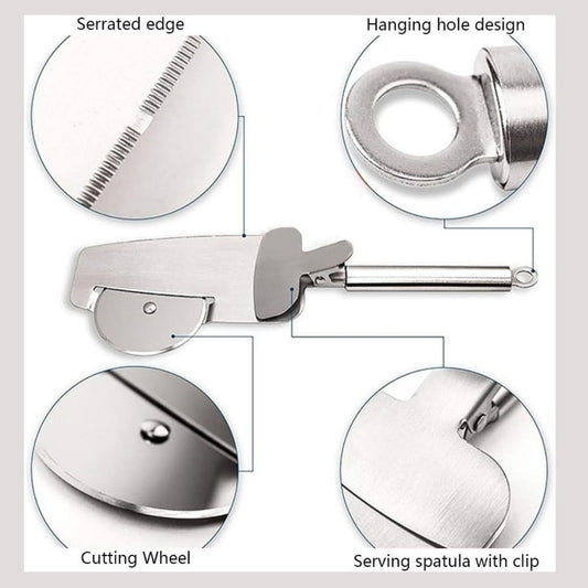 Pizza cutter features: serrated edge, cutting wheel, serving spatula, hanging hole