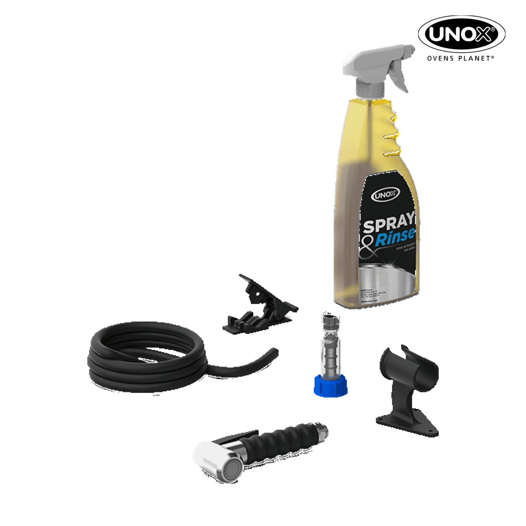 Unox It allows the manual washing of the oven and the filling of the containers. It contains a bottle of SPRAY&Rinse. XC208-SR.