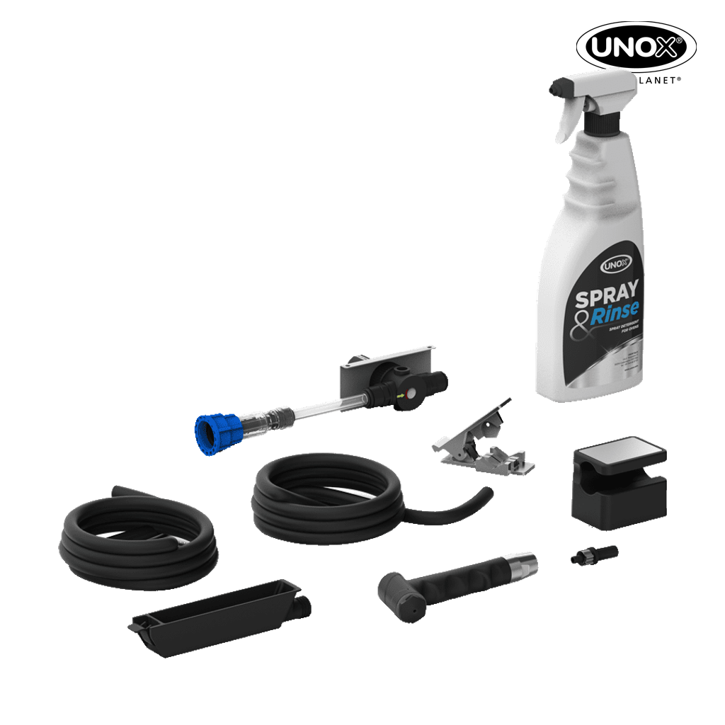 Unox Includes a practical hand shower, drain kit and a bottle of SPRAY&Rinse detergent, providing everything needed to easily clean the oven. XHC053-SR.