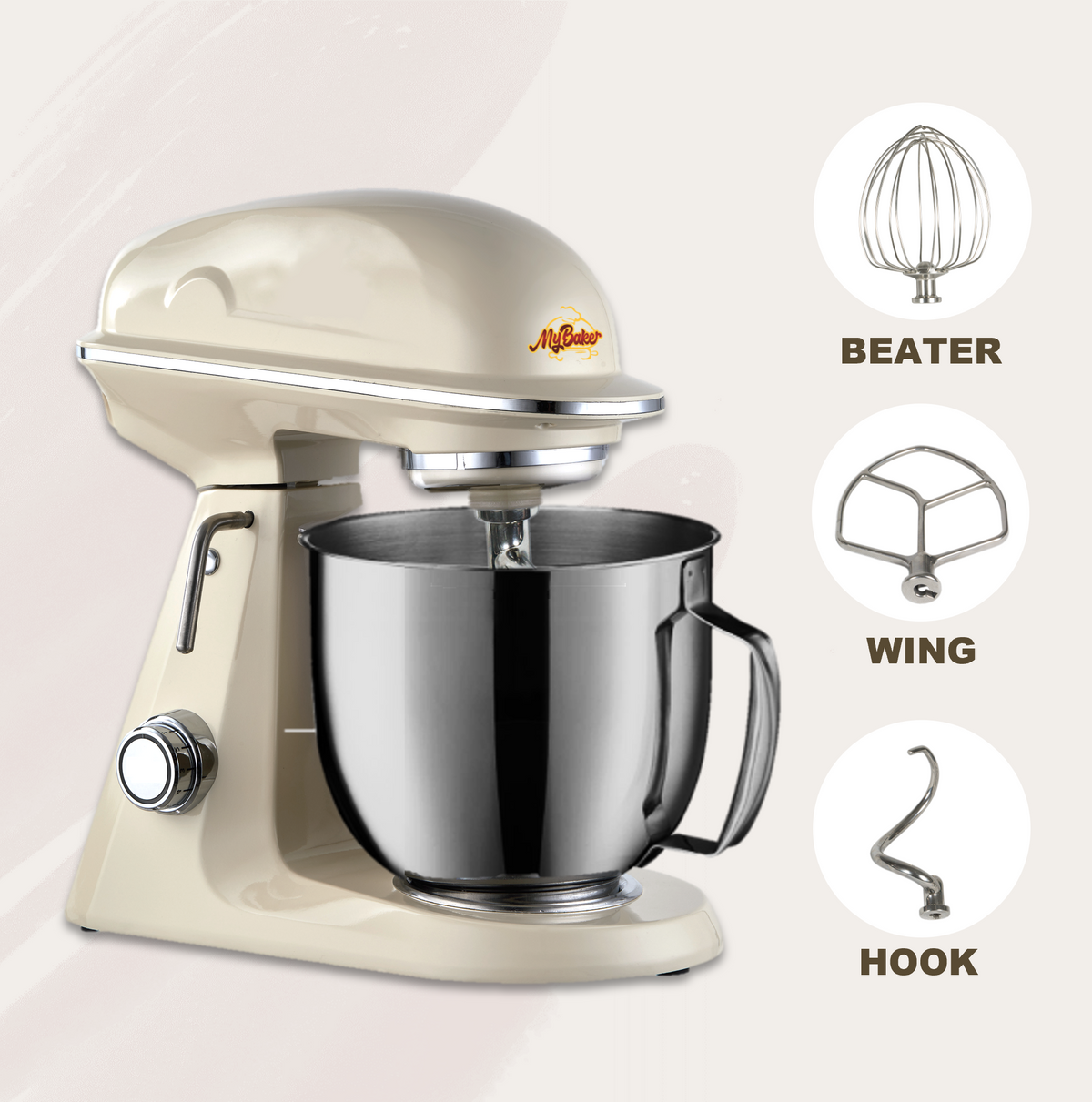 MyBaker KNIGHT 7AH attachments: whisk, flat beater, dough hook