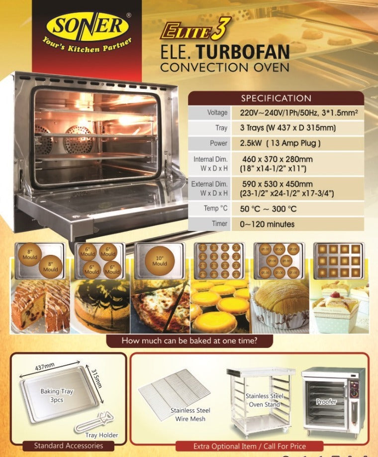 Soner Elite 3 — Electric Convection Oven, 3 Trays