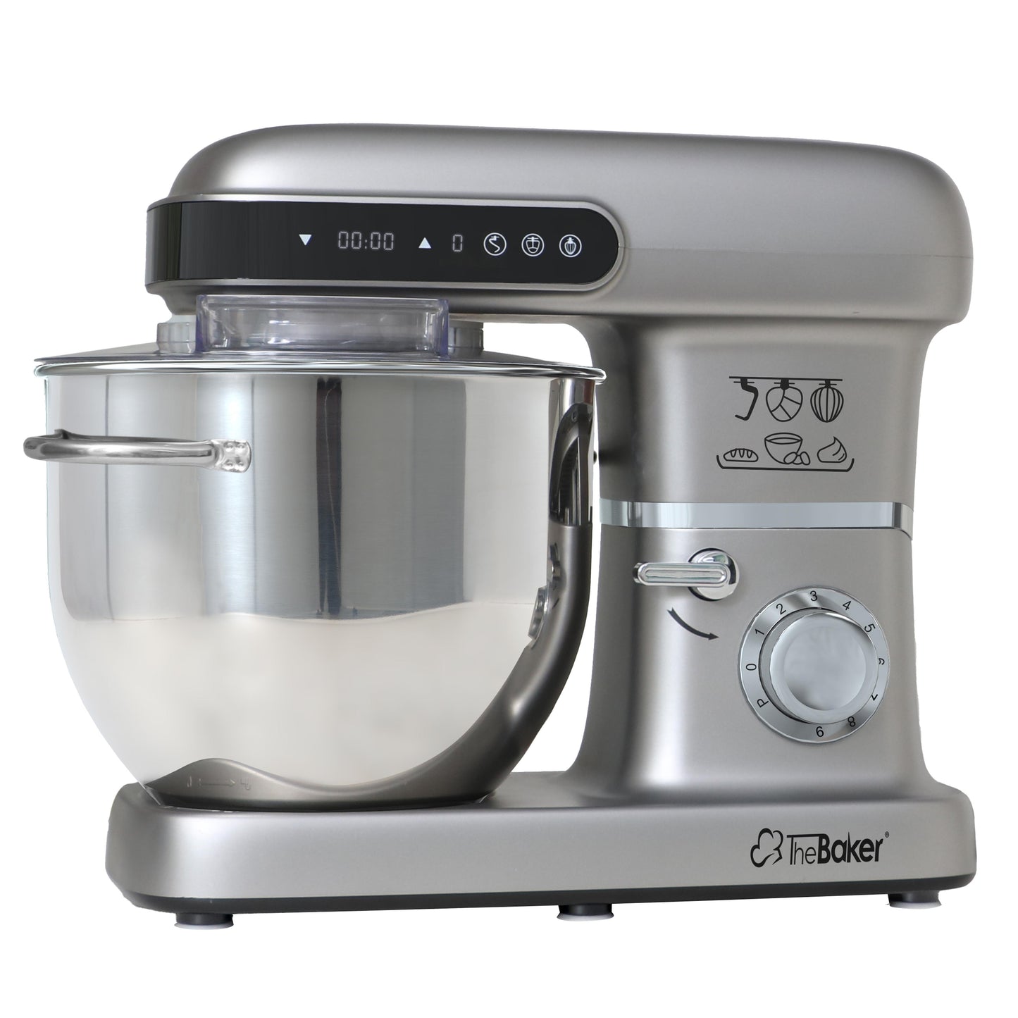 The Baker Artisan SE.M2 stand mixer in Light Grey, tilted head and bowl