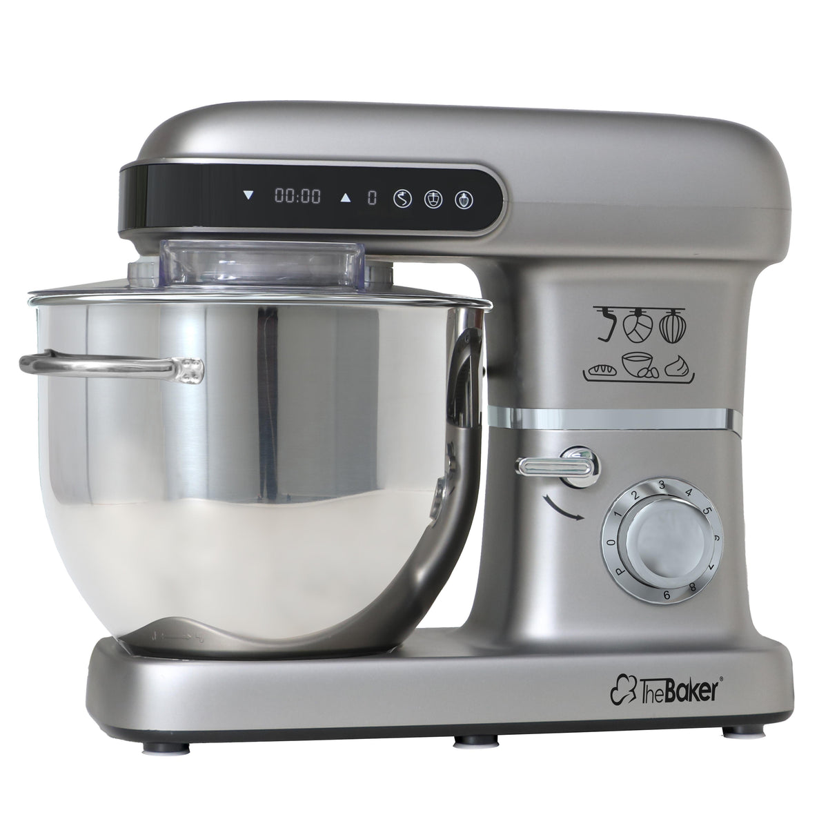 The Baker Artisan SE.M2 stand mixer in Light Grey, tilted head and bowl