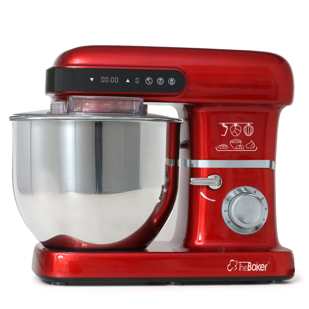 The Baker Artisan SE.M2 stand mixer in Red, tilted head and bowl