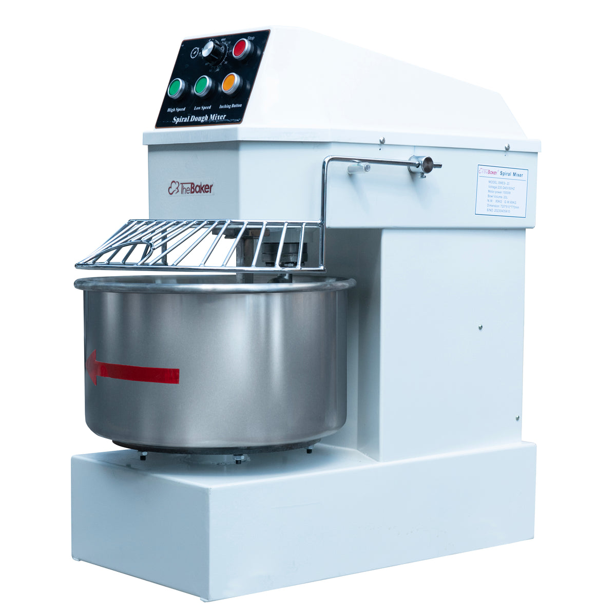 The Baker SMES-20 spiral mixer bowl, spiral hook and breaker bar