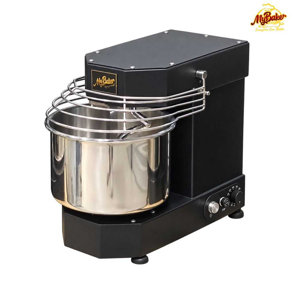 MyBaker MY-07AHS 7L spiral mixer with stainless steel bowl and safety cage on a white background