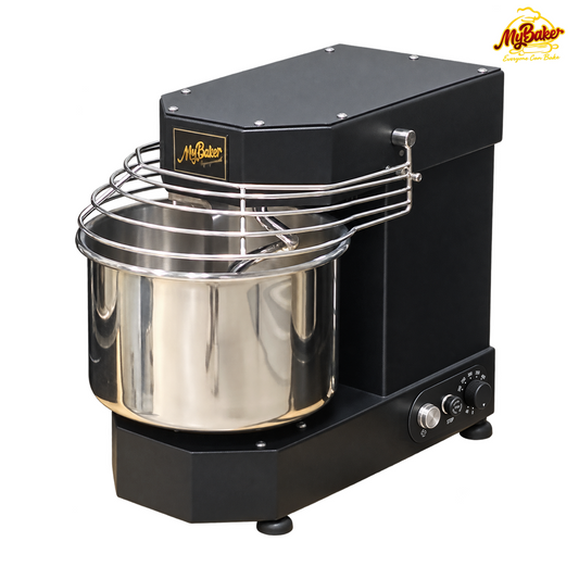 MyBaker MY-30AHS 30L spiral mixer with stainless steel bowl and safety cage on a white background