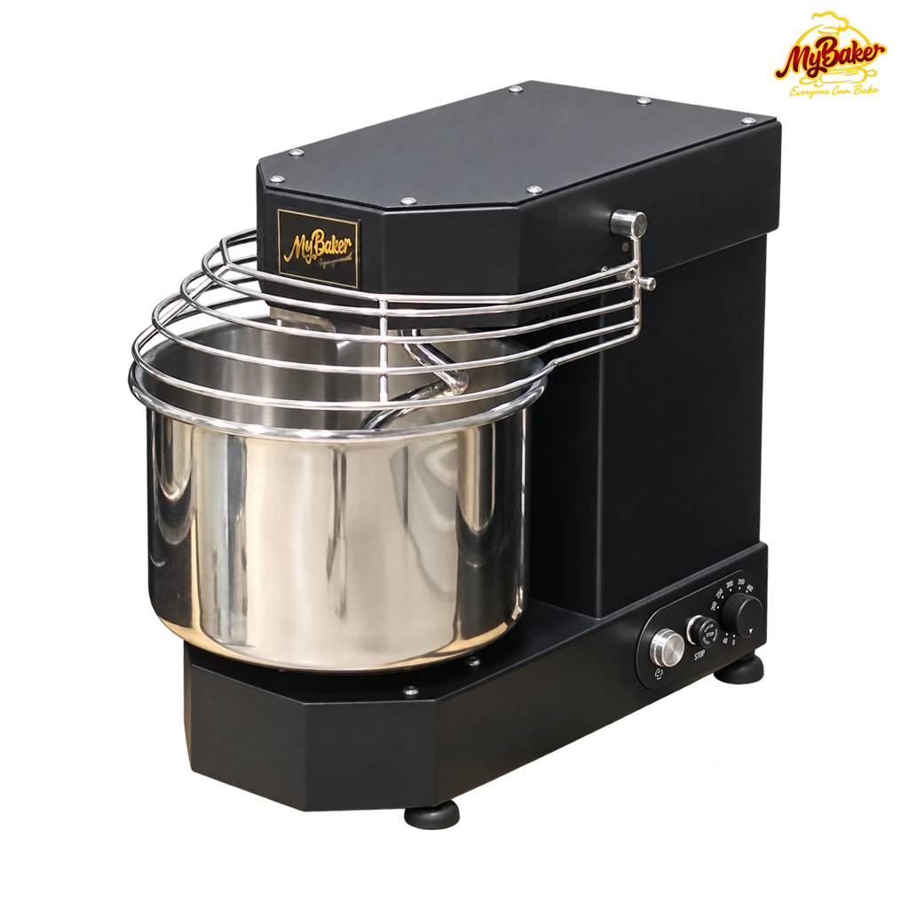 MyBaker MY-20AHS 20L spiral mixer with stainless steel bowl and safety cage on a white background