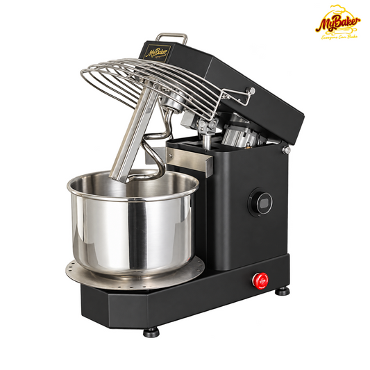 MyBaker Spiral Mixer MY-10HSD (10L / 750W) with raised head and MyBaker badge on a white background