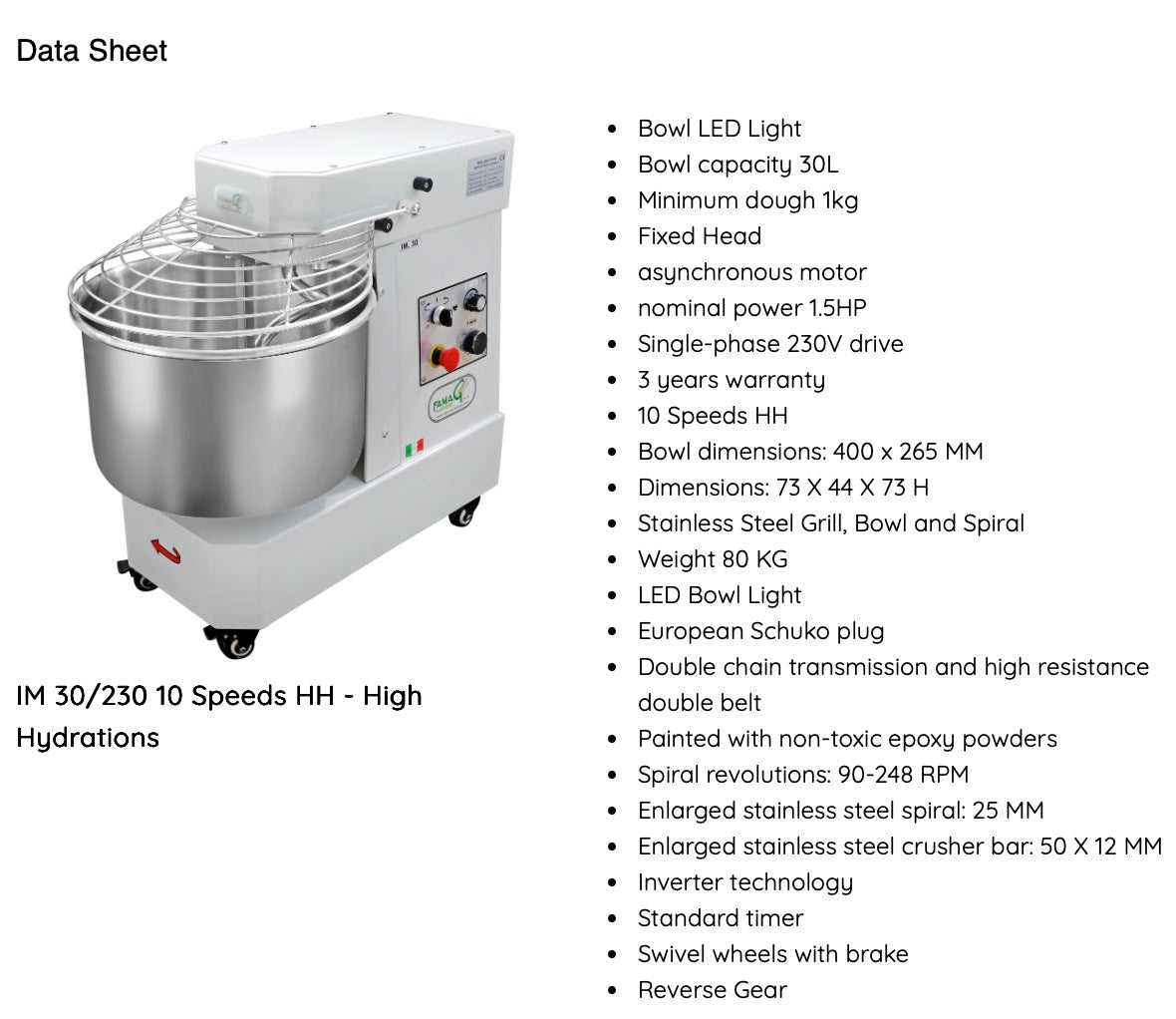 Famag IM30 10-Speed High Hydration Spiral Dough Mixer - product view