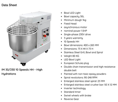 Famag IM30 10-Speed High Hydration Spiral Dough Mixer - product view