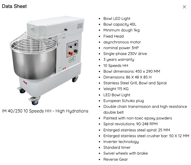 Famag IM40 10-Speed High Hydration Spiral Dough Mixer - technical data
