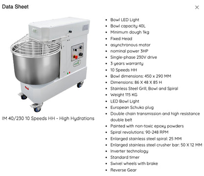 Famag IM40 10-Speed High Hydration Spiral Dough Mixer - technical data