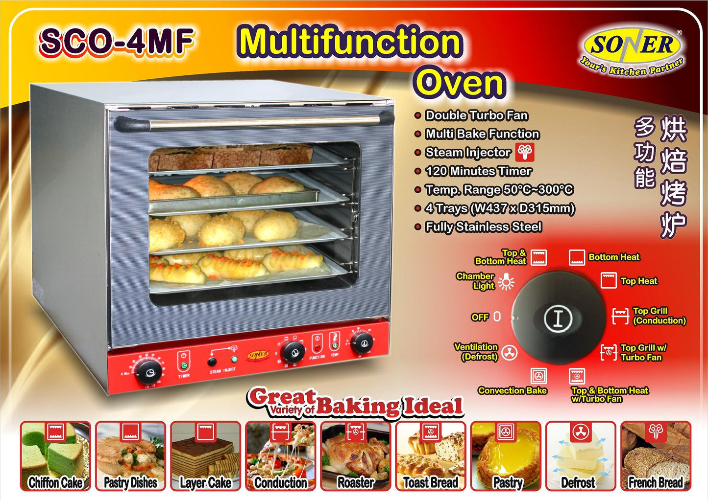 Soner SCO-4MF — Multifunction Electric Convection Oven With Steam Injection, 4 Trays