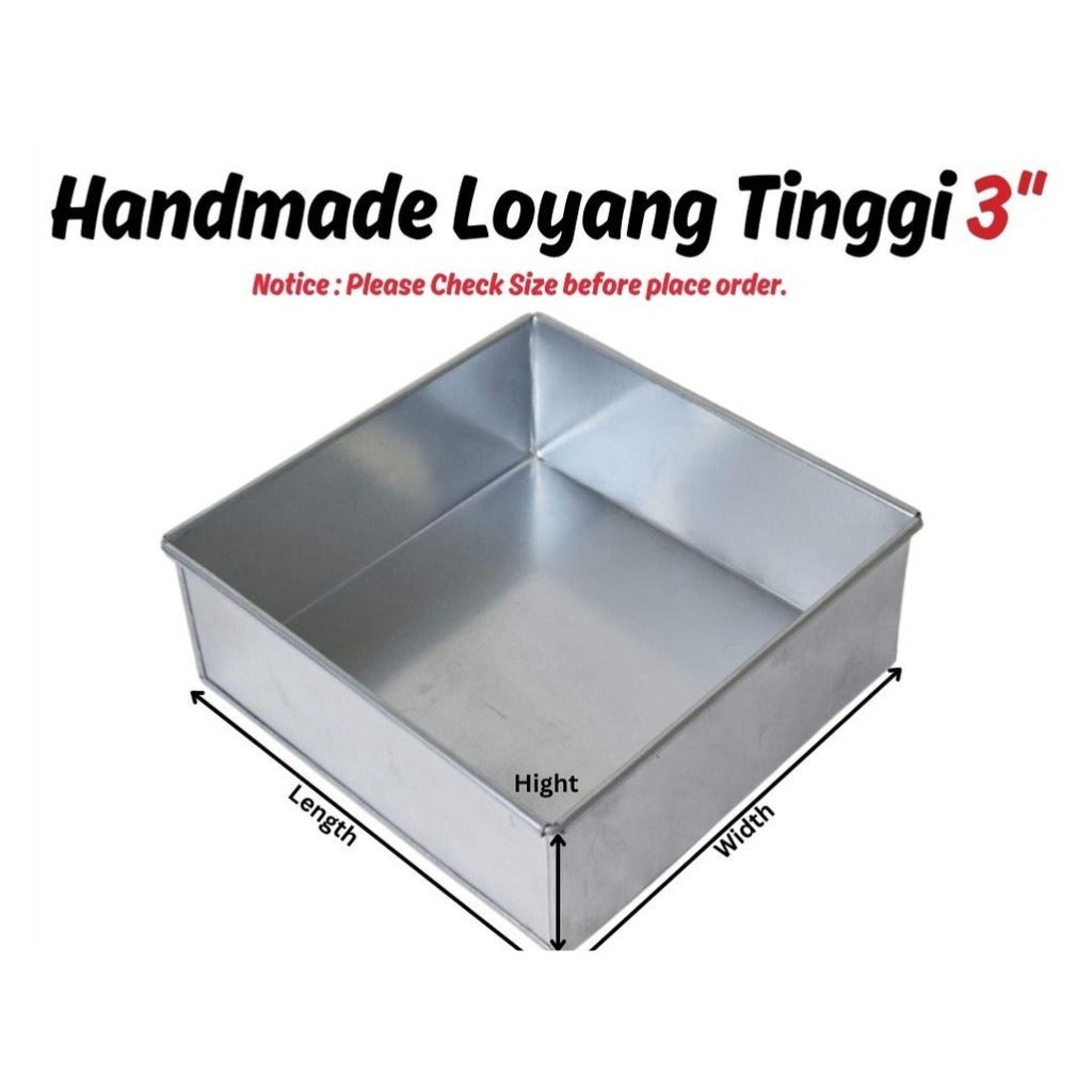 Handmade aluminium square cake mould, 3 inch deep