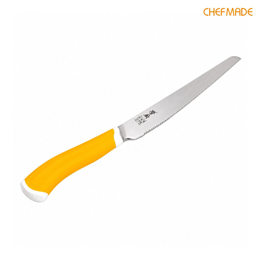 Chefmade WK9147 Japanese bread knife with yellow handle on white background