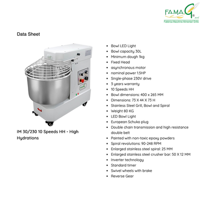 Famag IM30 10-Speed High Hydration Spiral Dough Mixer - product view