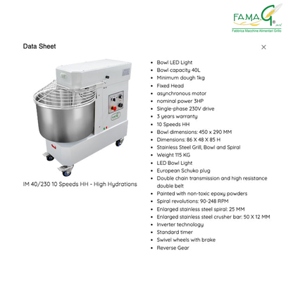 Famag IM40 10-Speed High Hydration Spiral Dough Mixer - technical data
