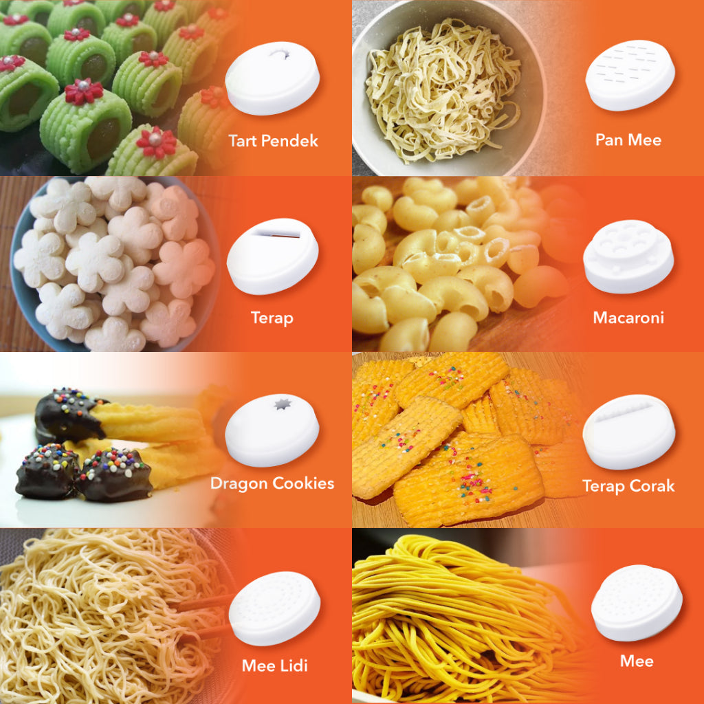 Tart, pan mee, terap, macaroni, dragon cookies and noodle moulds