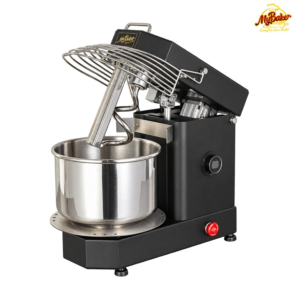 MyBaker Spiral Mixer MY-30HSD (30L / 1100W) with raised head and MyBaker badge on a white background