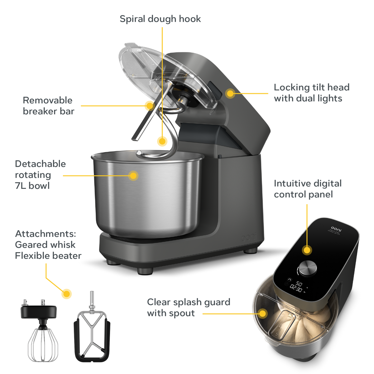 Labelled parts of the Ooni Halo Pro Spiral Dough Mixer