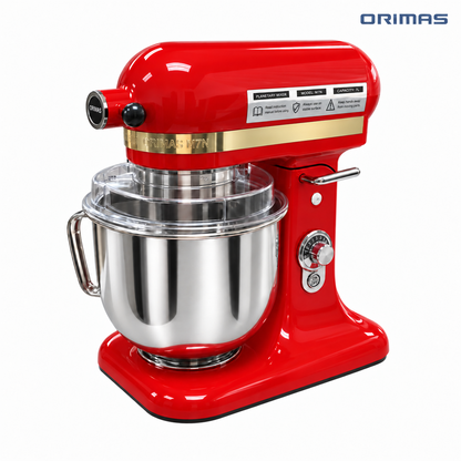 Red Orimas M7N planetary mixer with stainless steel bowl on white background