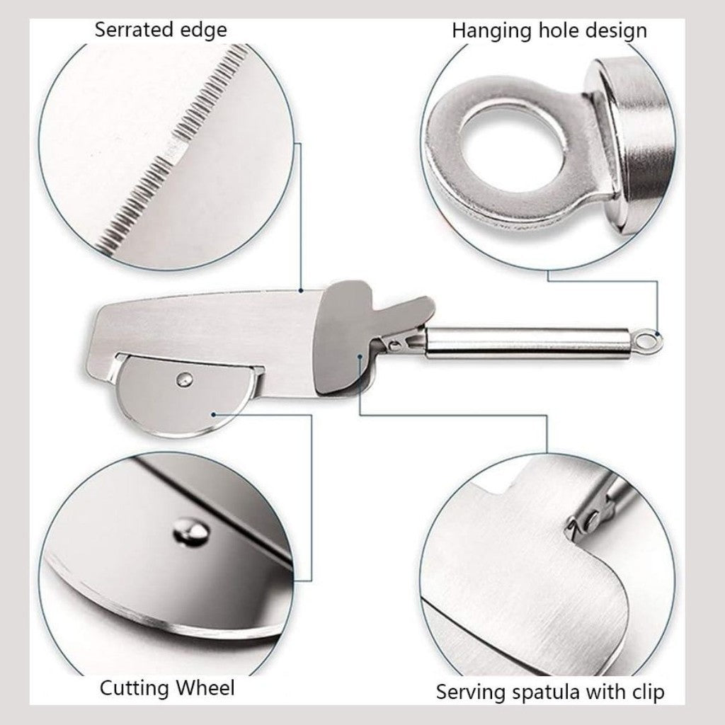 Pizza cutter features: serrated edge, cutting wheel, serving spatula, hanging hole