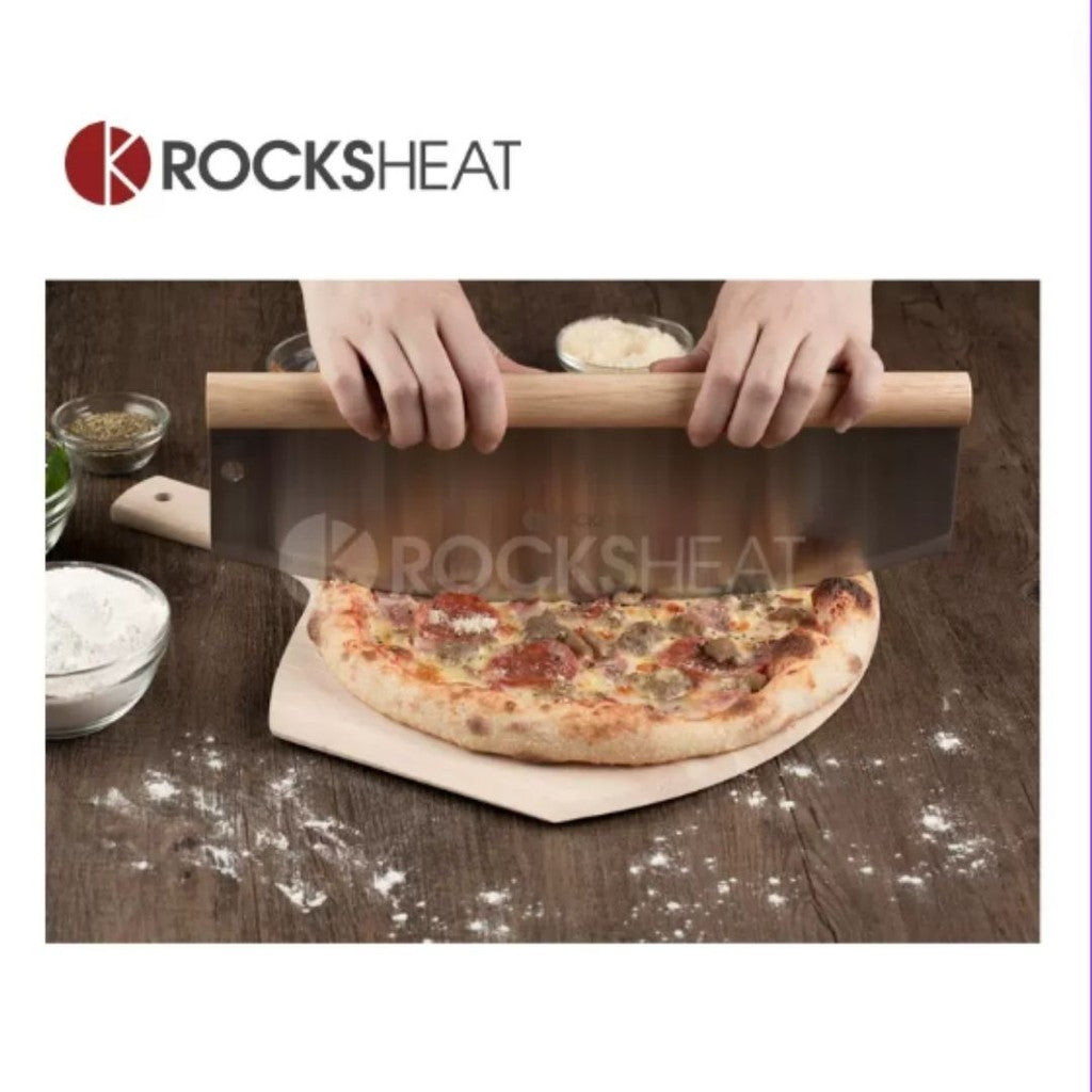 Cutting pizza with the Rocksheat rocking cutter