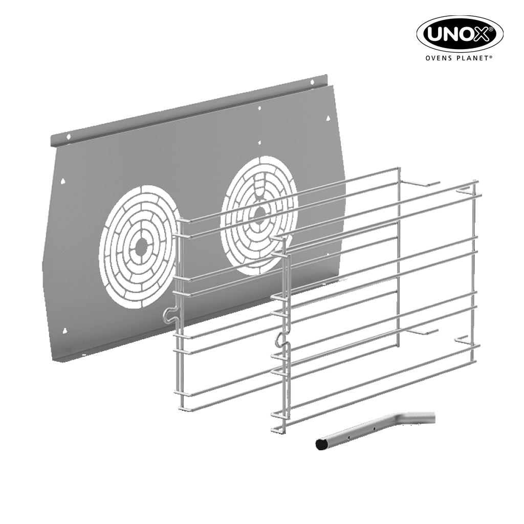 Unox This kit includes everything you need to install lateral supports that allow you to use 660x460 trays instead of 600x400 trays. XC675.