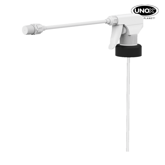 Unox Trigger sprayer compatible with DET&Rinse™ ULTRAPLUS detergent bottles that allows to disperse the liquid and clean cooking chambers. Its nozzle can be adjusted to create a fine spray or jet stream for dispensing detergent. It can be reused endl