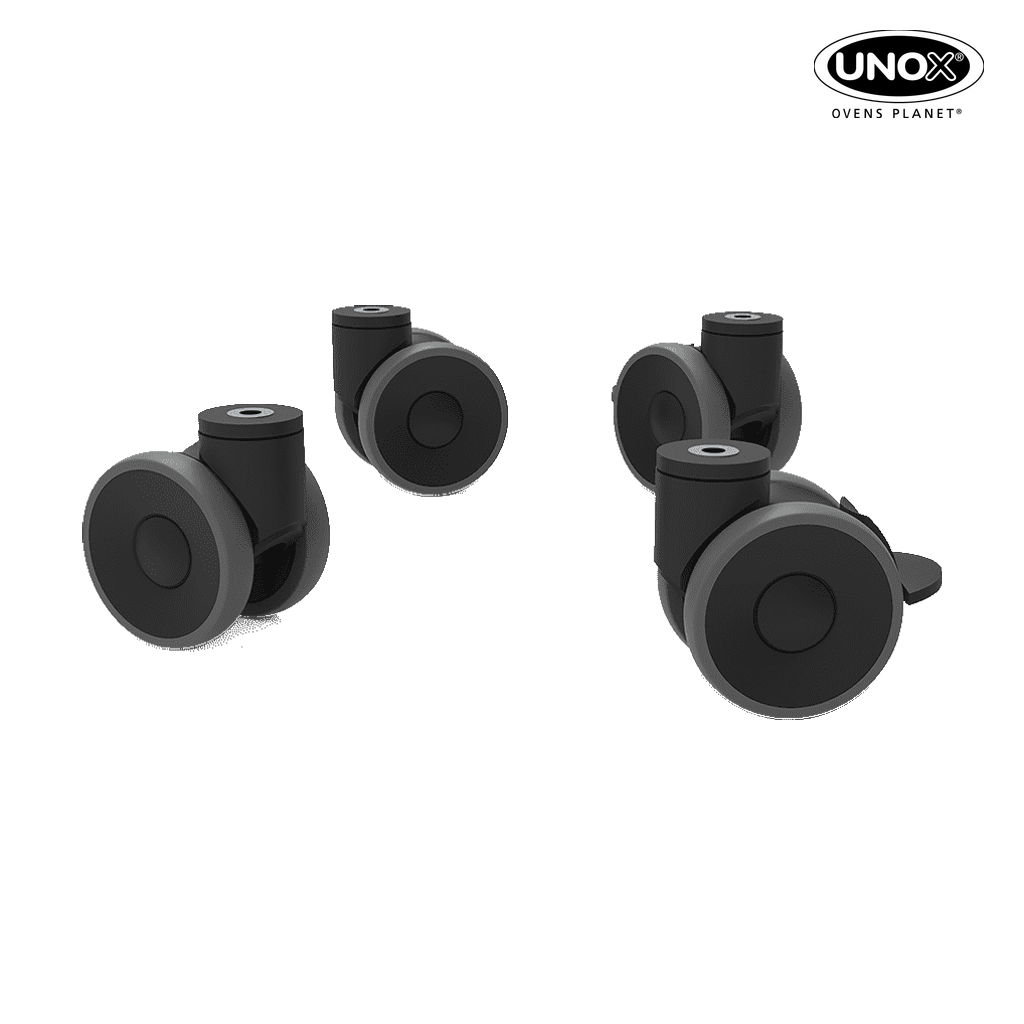 Unox They make cleaning easier. The kit includes 2 wheels with a brake, 2 wheels without a brake, and wall-mounting chains. Wheels must be built on the stand. XUC012.